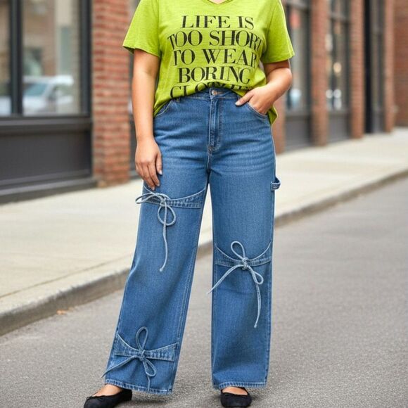 CIDER Denim Mid-Rise Solid Bowknot Pocket Wide Leg Jeans, NEW! Size XXL - Picture 2 of 6